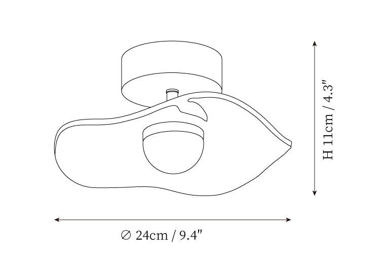 Clérachic ceiling light dimension drawing, every measurement marked in centimetres and inches.