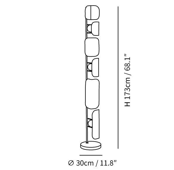 Dimension drawing of the leagan floor lamp, in outline against white.
