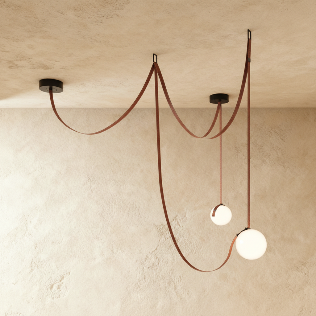 Clérachic leather and glass chandelier with two frosted glass globes on russet leather straps, unlit against a plaster ceiling.