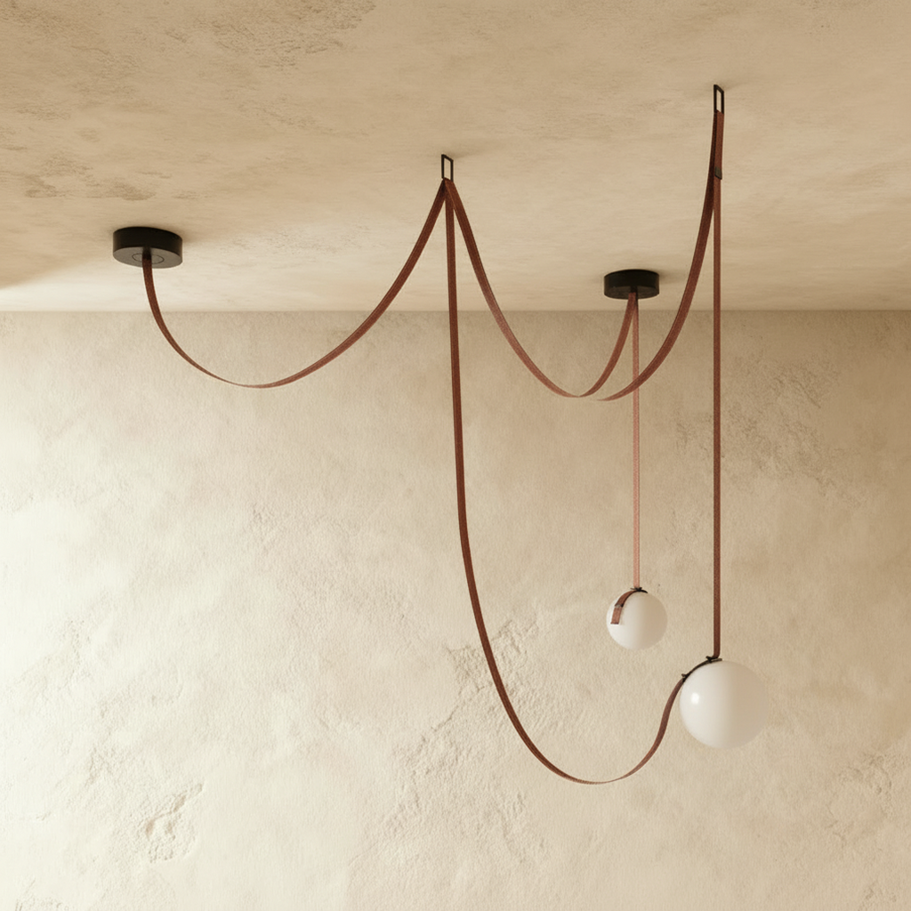 Clérachic pendant chandelier showing two glass globe shades on looping leather straps, unlit against a warm plaster ceiling.