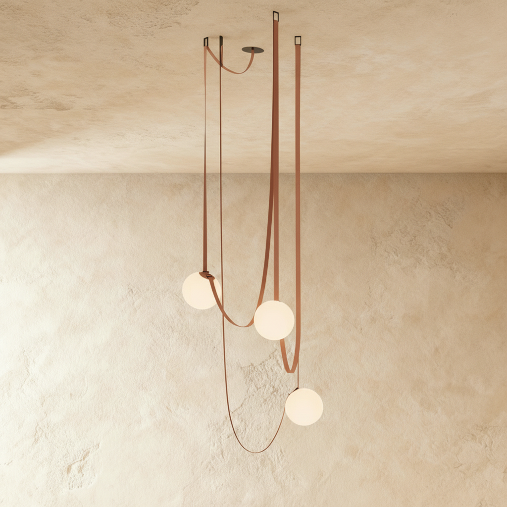 Clérachic leather and glass chandelier with three frosted glass globes cascading on tan leather straps against a plaster ceiling.