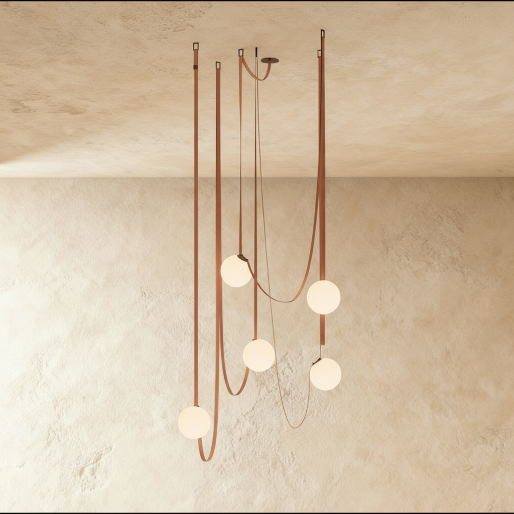Clérachic chandelier with five frosted glass globe shades suspended on looping leather straps, unlit against a plaster ceiling.