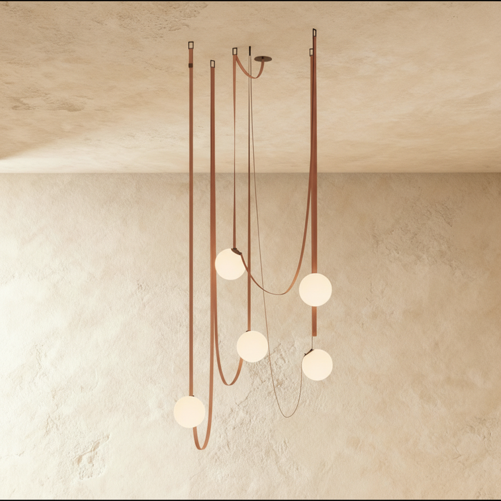 Clérachic chandelier with five frosted glass globe shades suspended on looping leather straps, unlit against a plaster ceiling.
