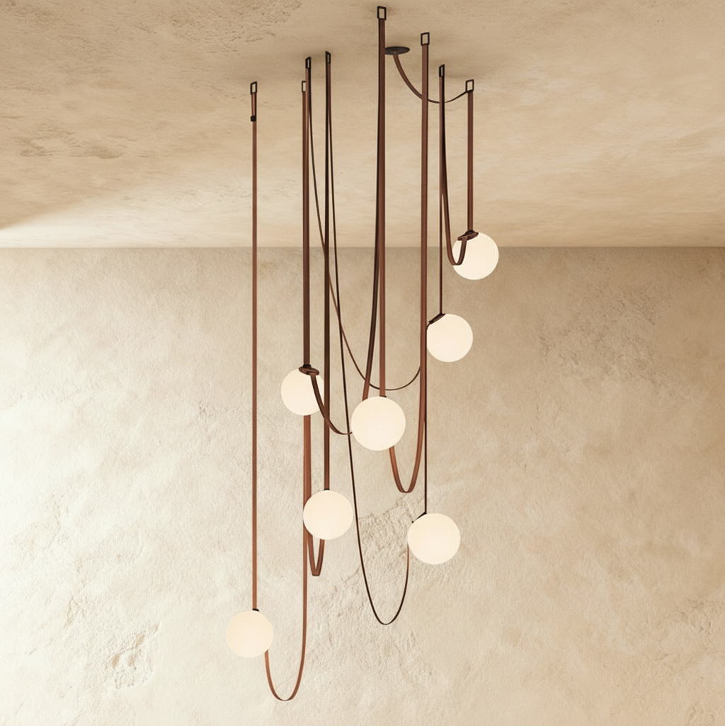 Clérachic leather and glass chandelier with seven frosted glass globes cascading on russet leather straps against a plaster ceiling.