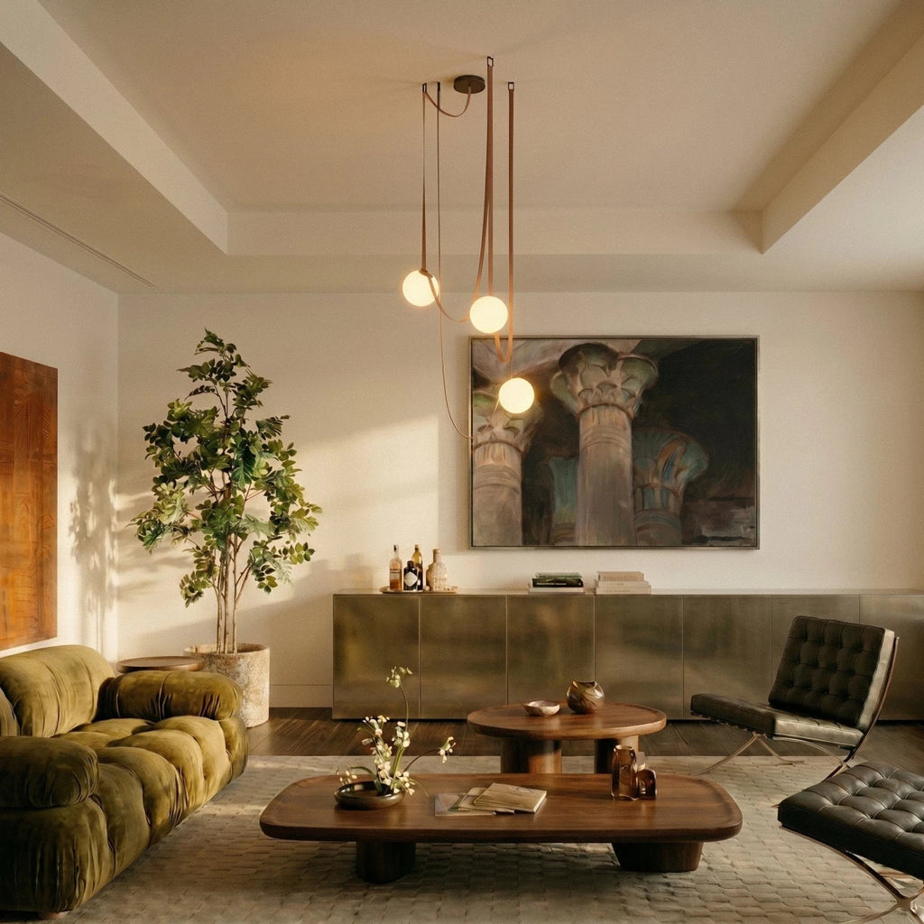 A lit Clérachic leather and glass chandelier with three globe shades hangs above a walnut coffee table in a sunlit living room.