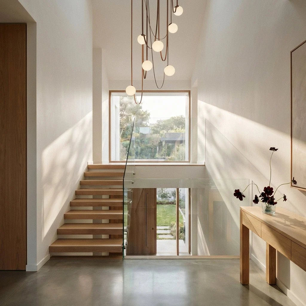 A lit Clérachic chandelier with seven glass globes cascades down a bright stairwell on tan leather straps.