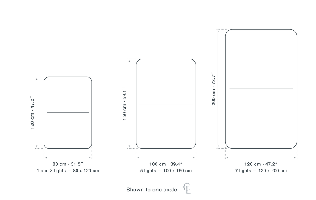 Technical dimension drawing of the Clérachic Leather and Glass Chandelier for Dining Table, 80 to 200 cm in all 3 sizes — 1 and 3 lights at 80 × 120 cm (31.5 × 47.2″), 5 lights at 100 × 150 cm (39.4 × 59.1″), 7 lights at 120 × 200 cm (47.2 × 78.7″), drawn to one scale.