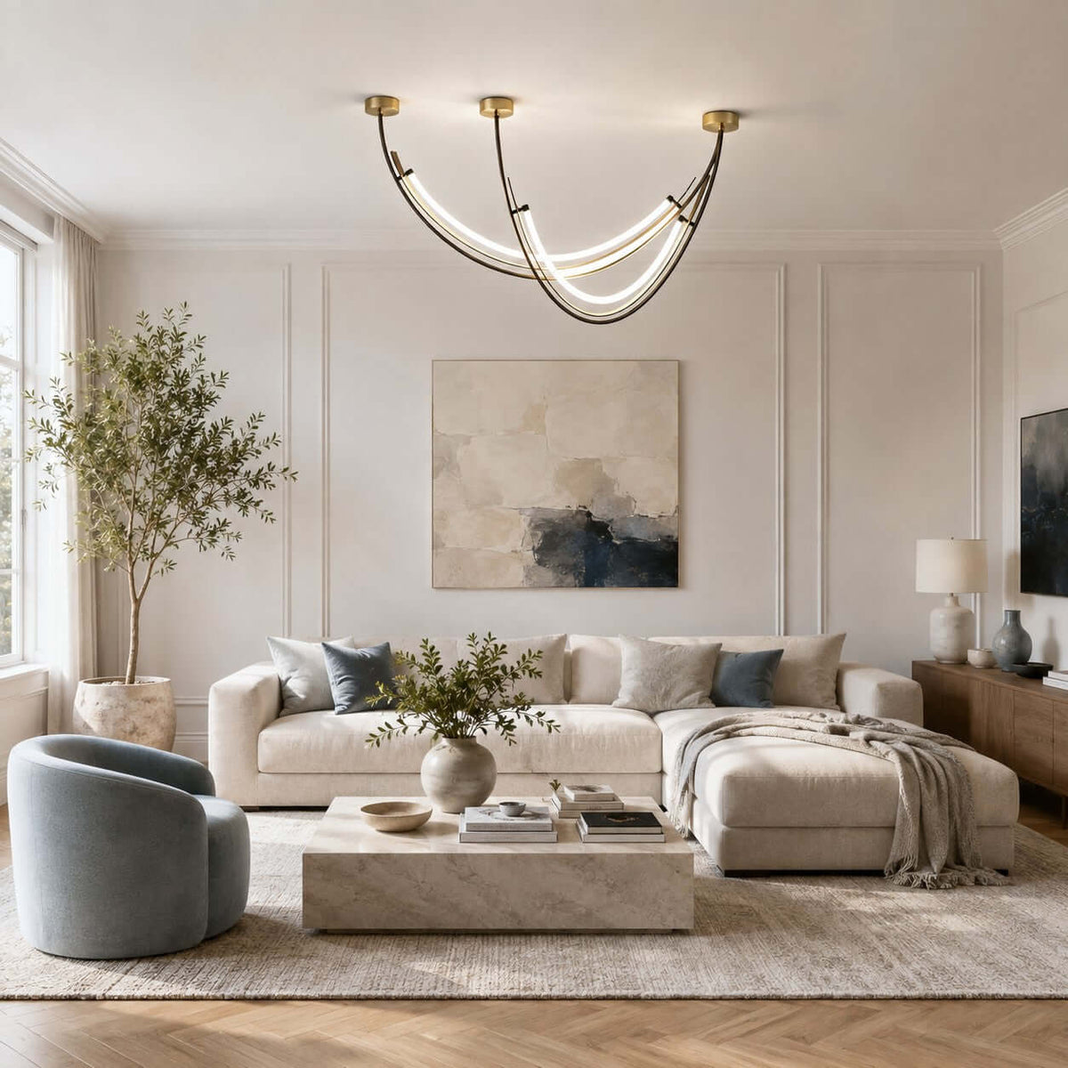 Clérachic linear arc pendant lit above a living room with a cream sectional sofa, a blue chair and a stone coffee table.