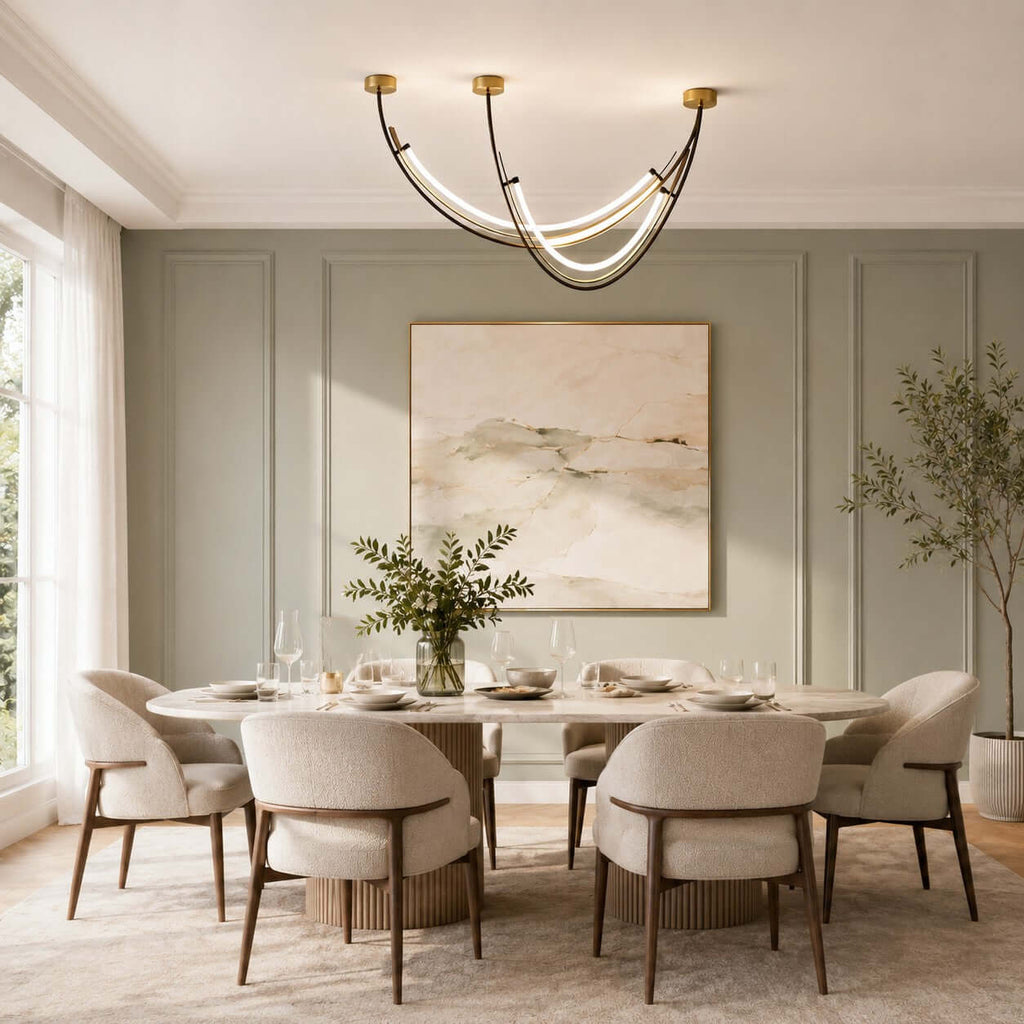 This Clérachic pendant hangs over a laid dining table in a sage-green panelled room with an abstract landscape print.
