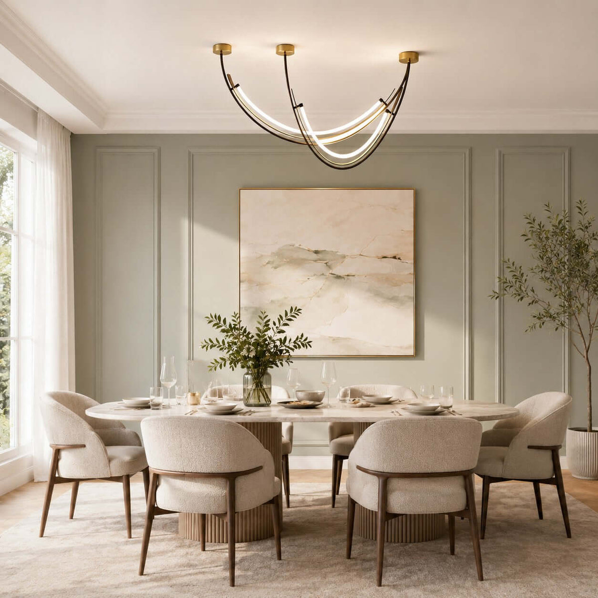 This Clérachic pendant hangs over a laid dining table in a sage-green panelled room with an abstract landscape print.