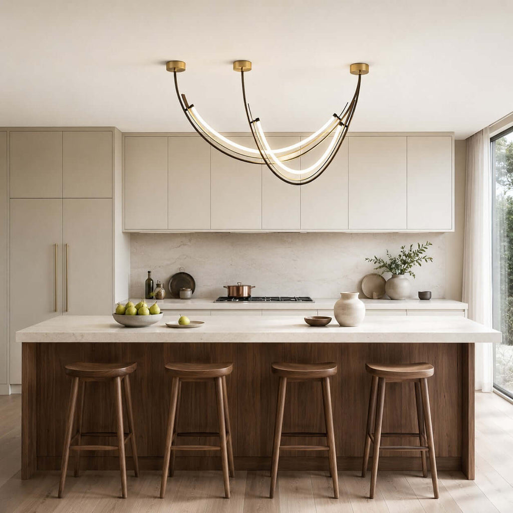 Lit Clérachic arc pendant above a kitchen island with four wooden stools, with cream cabinets and a marble splashback behind.
