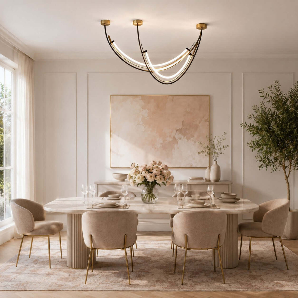 Glowing arc pendant from Clérachic above a long marble dining table and cream chairs with brass legs, with a pink abstract print behind.