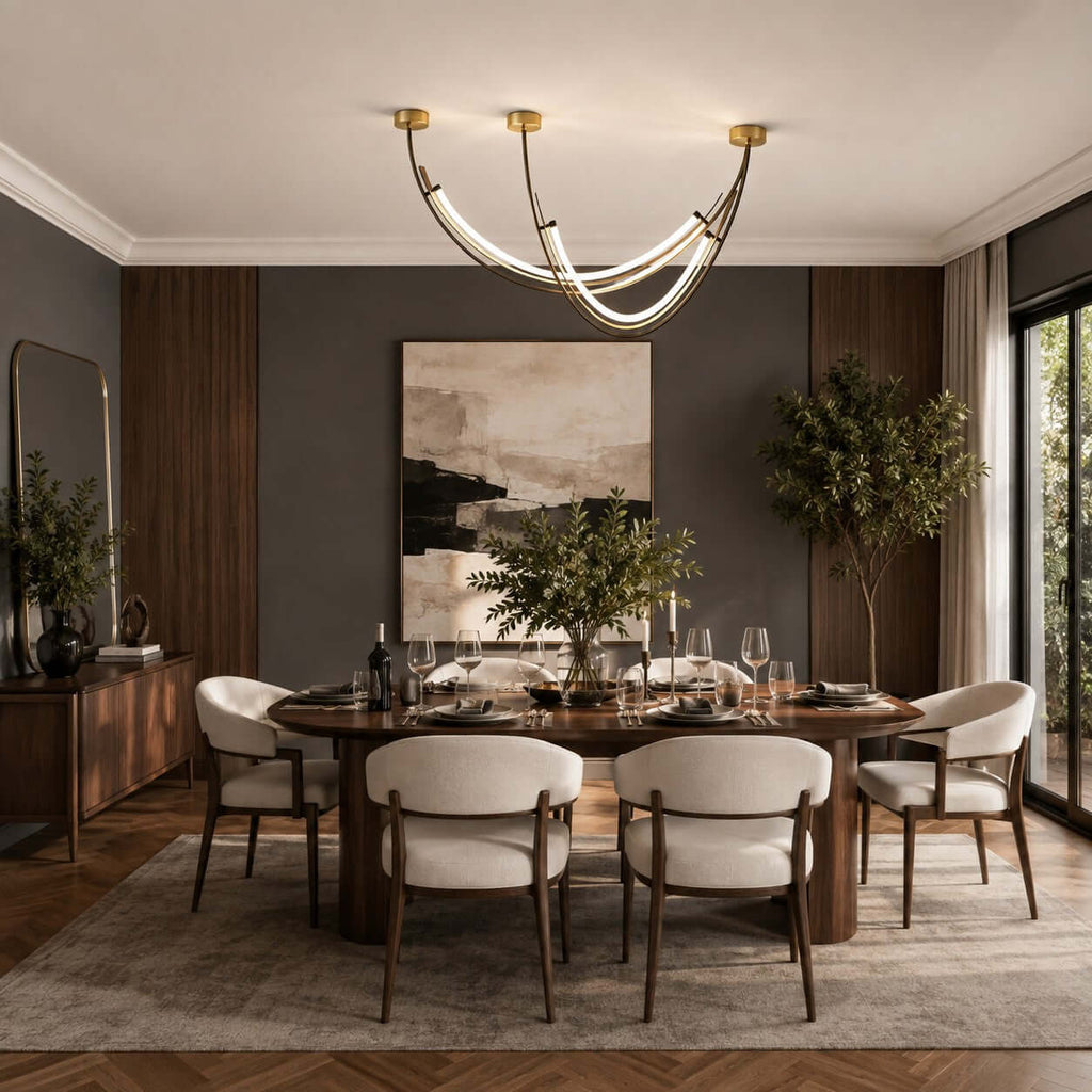Clérachic arc pendant above a dark walnut dining table with cream chairs, in a room with charcoal walls and wood panelling.
