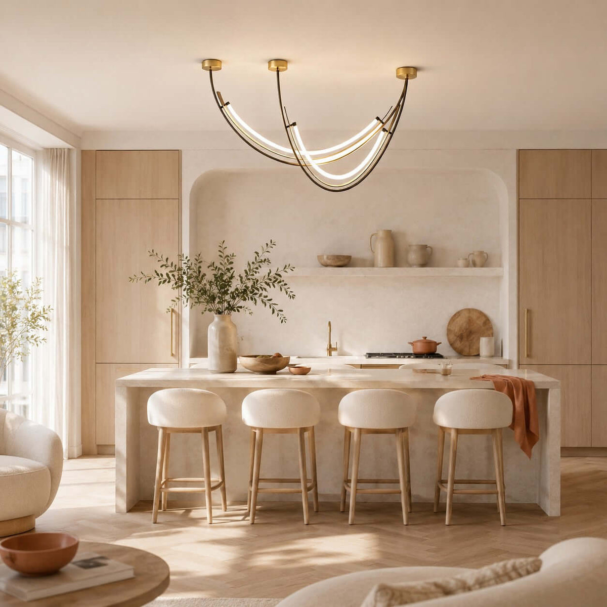 Arc pendant from Clérachic lit in a bright kitchen and dining space, with a stone island, cream stools and an arched niche of shelves.