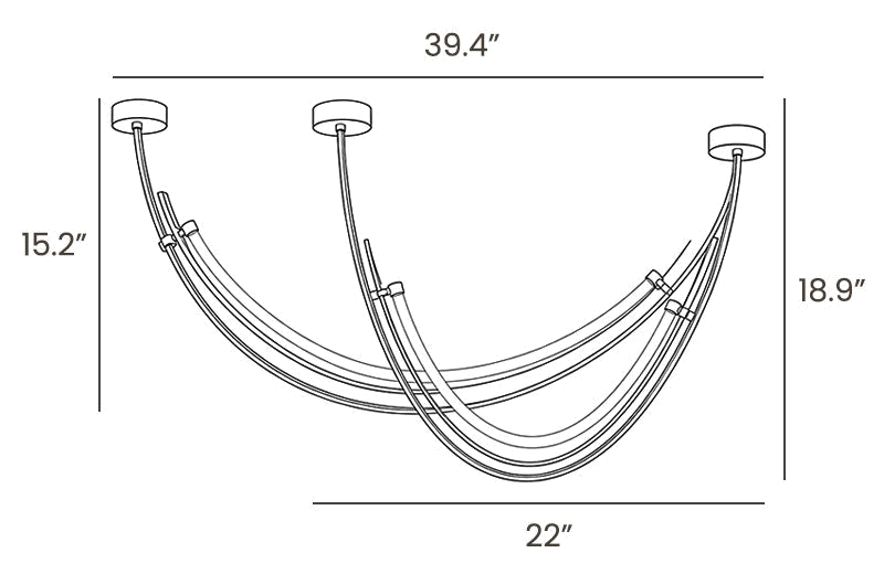 Dimension drawing of this Clérachic arc pendant, with its overall width, drop and arc span marked.