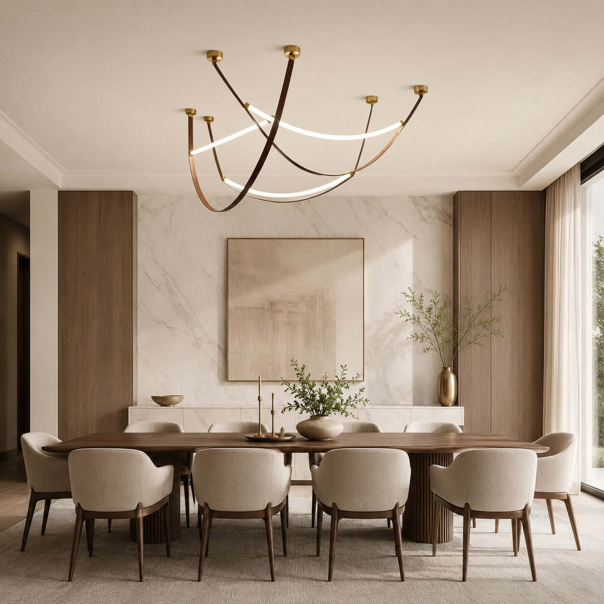 Above a long walnut dining table with cream chairs, this Clérachic three-loop pendant set hangs in crossing arcs of brown leather and light.