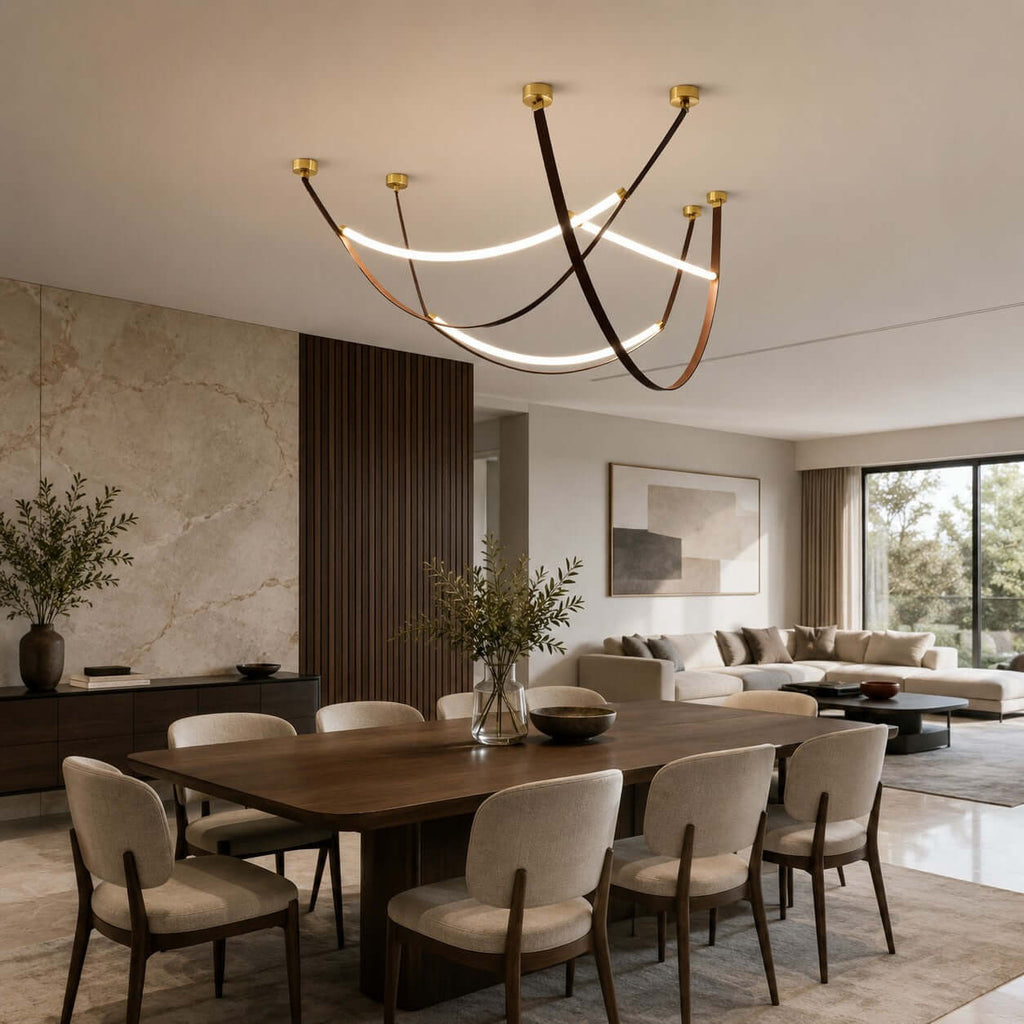 Brown leather loops with glowing LED strips cross beneath a gold-capped ceiling, a Clérachic pendant set above a dining table.