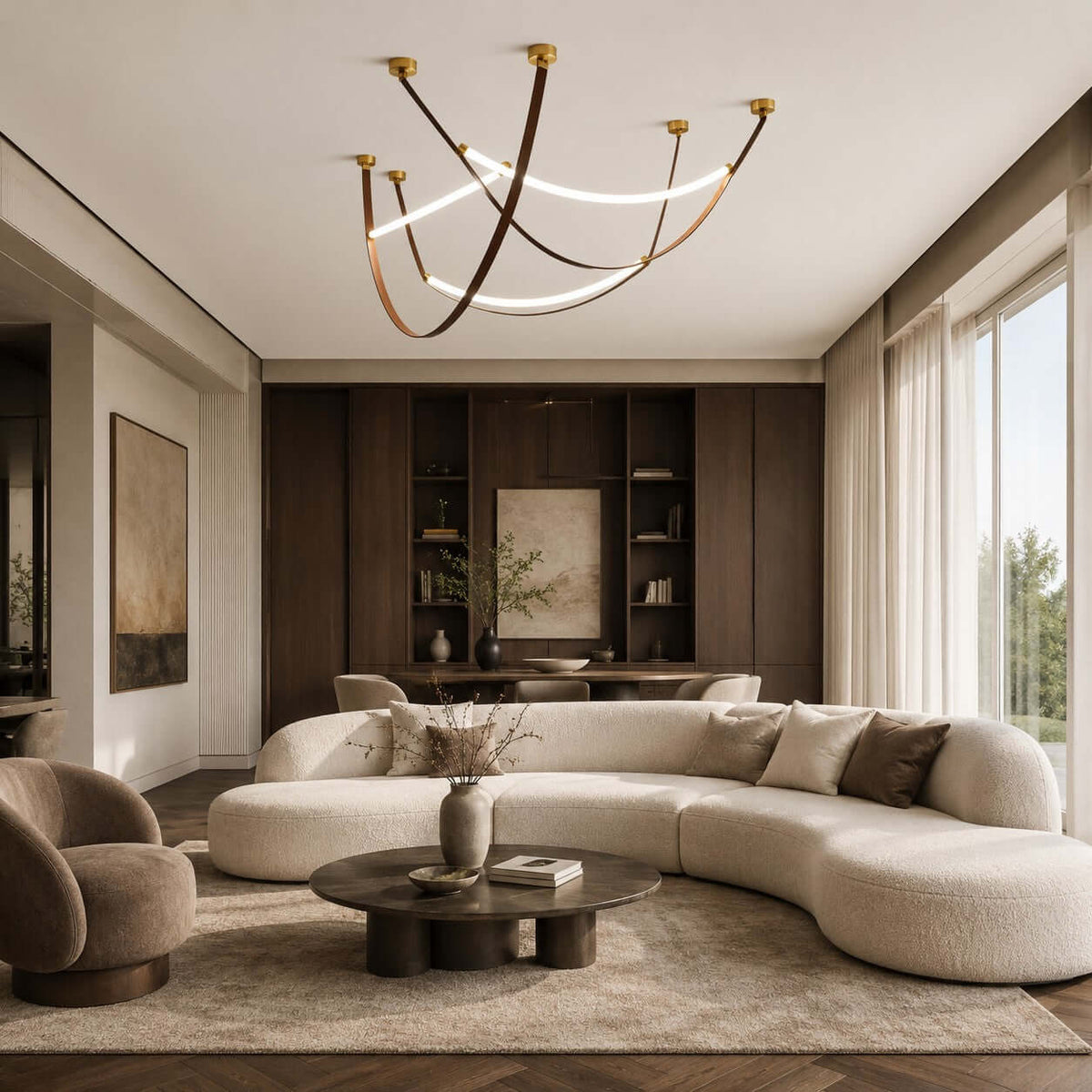 Clérachic loop pendants in a three-piece set, hung high over a curved cream sofa and a low round table in a living room.