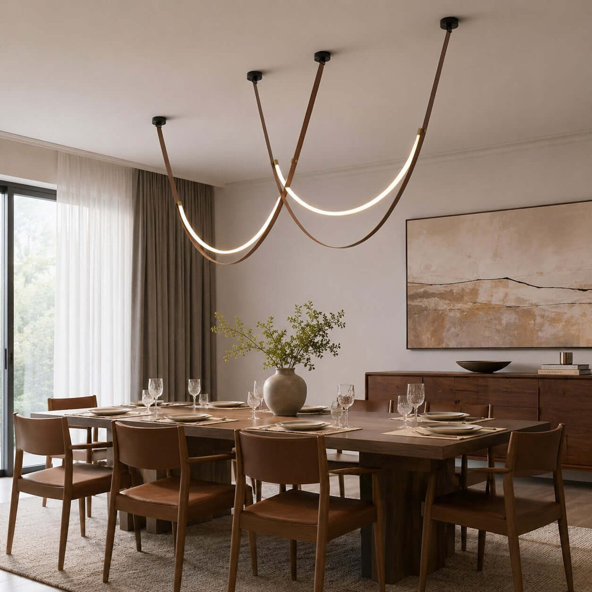 Two black-capped Clérachic leather loops arc across a ceiling above a set dining table with brown chairs and a sideboard.