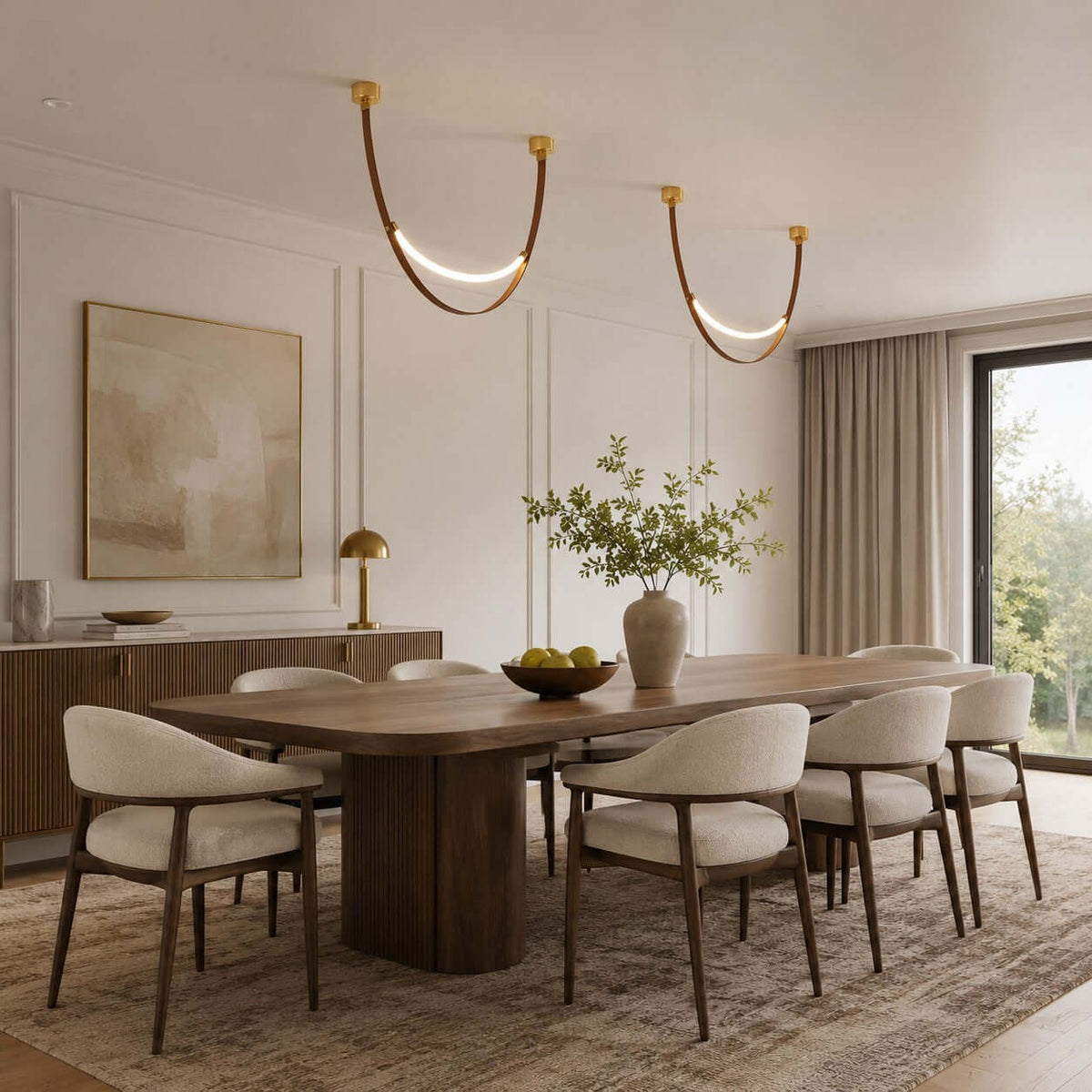 A pair of gold-capped Clérachic loop pendants hang in curves above a long oval dining table with cream armchairs.
