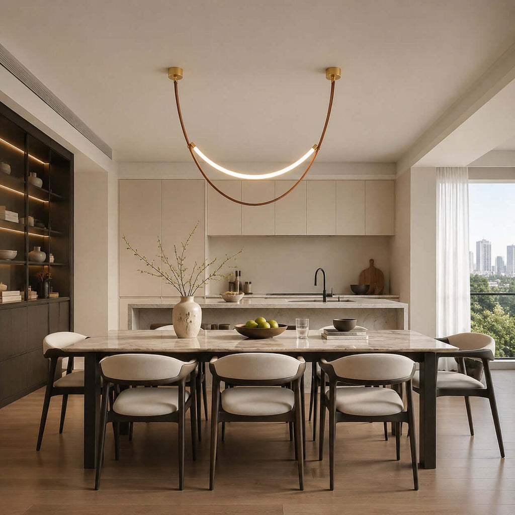 One Clérachic leather loop pendant, lit, hangs above a dining table in a bright room with a kitchen behind.