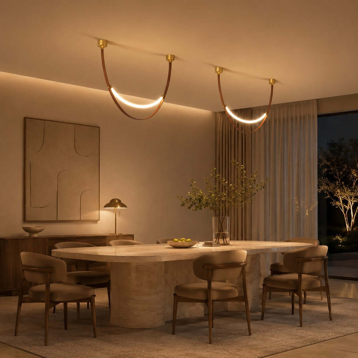 Two Clérachic loop pendants glow warmly over an oval stone dining table, with curtains and a table lamp behind.