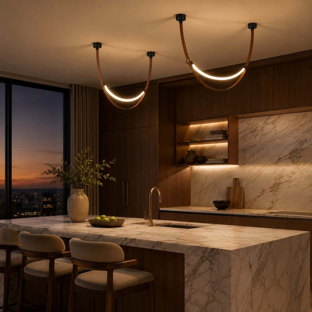 Two black-capped Clérachic leather loops glowing over a marble kitchen island, with a dusk skyline beyond the window.