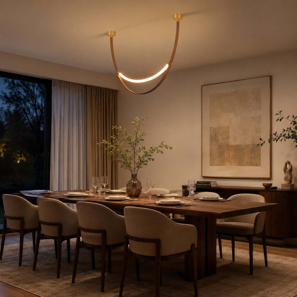 A single lit Clérachic loop pendant over a long wooden dining table laid for a meal, with a framed painting behind.