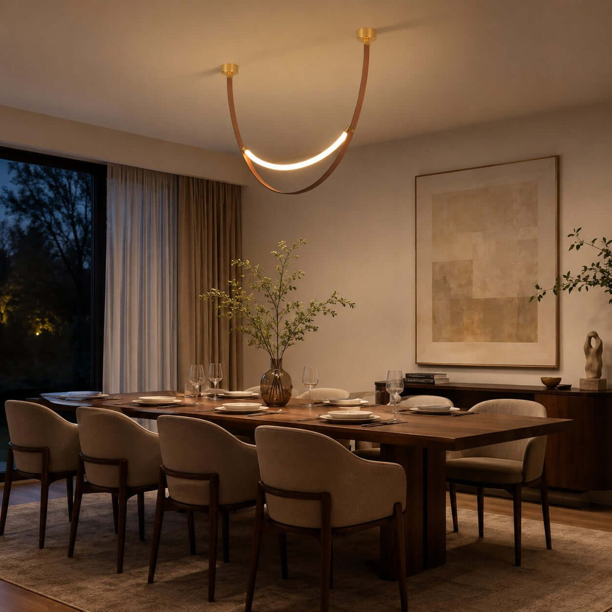 A single lit Clérachic loop pendant over a long wooden dining table laid for a meal, with a framed painting behind.