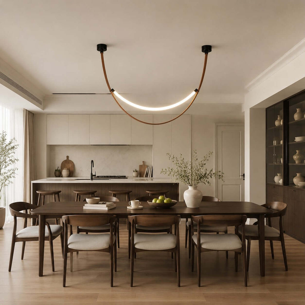 A black-capped Clérachic loop pendant, lit, hangs above a dark dining table in an open-plan room with a kitchen behind.