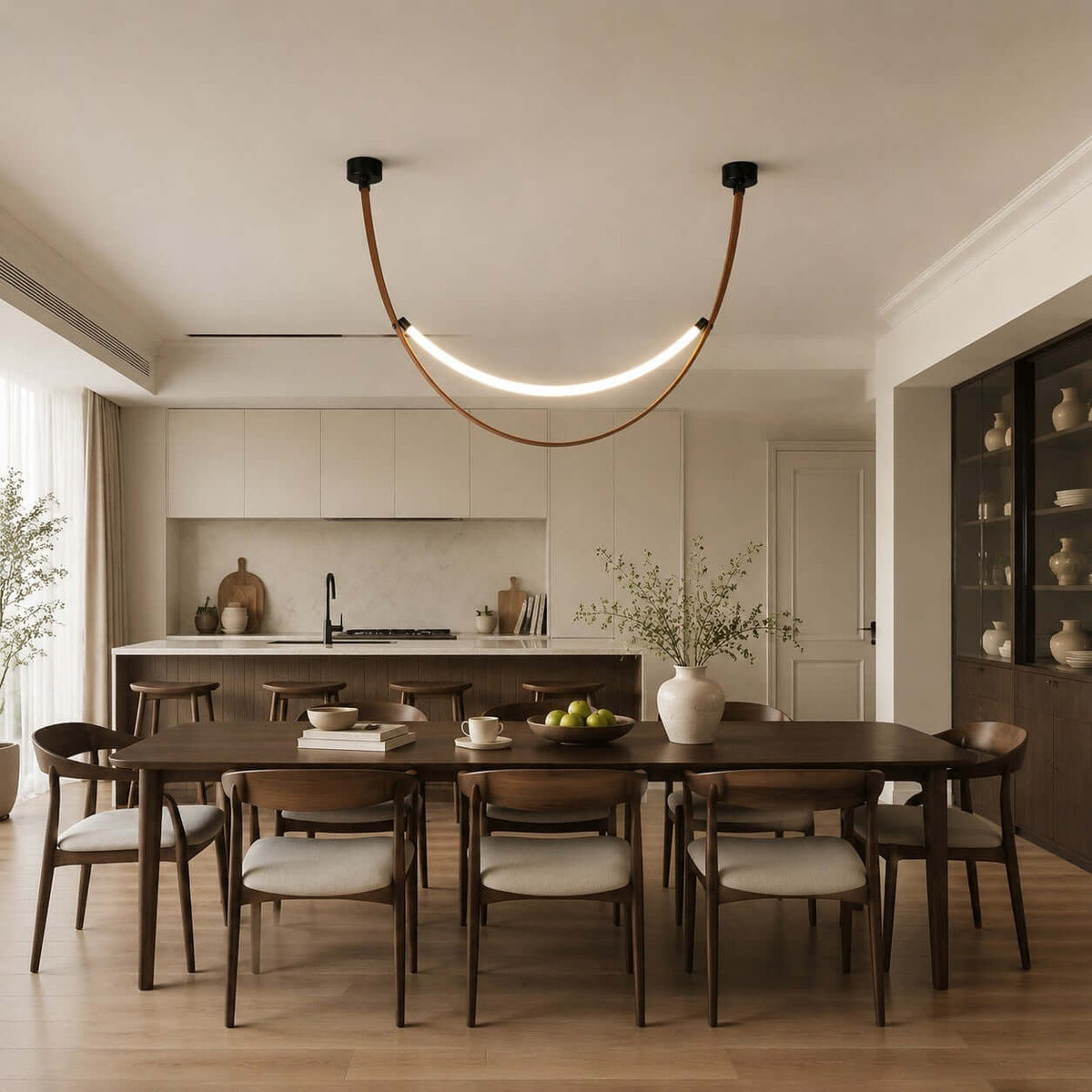 A black-capped Clérachic loop pendant, lit, hangs above a dark dining table in an open-plan room with a kitchen behind.