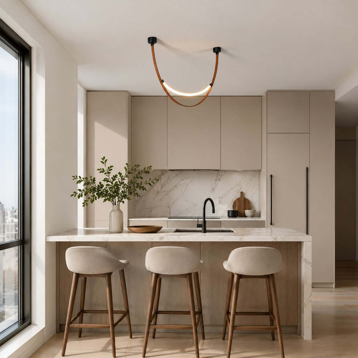 One lit Clérachic loop pendant in black and brown hangs over a kitchen island with three bar stools beside a tall window.