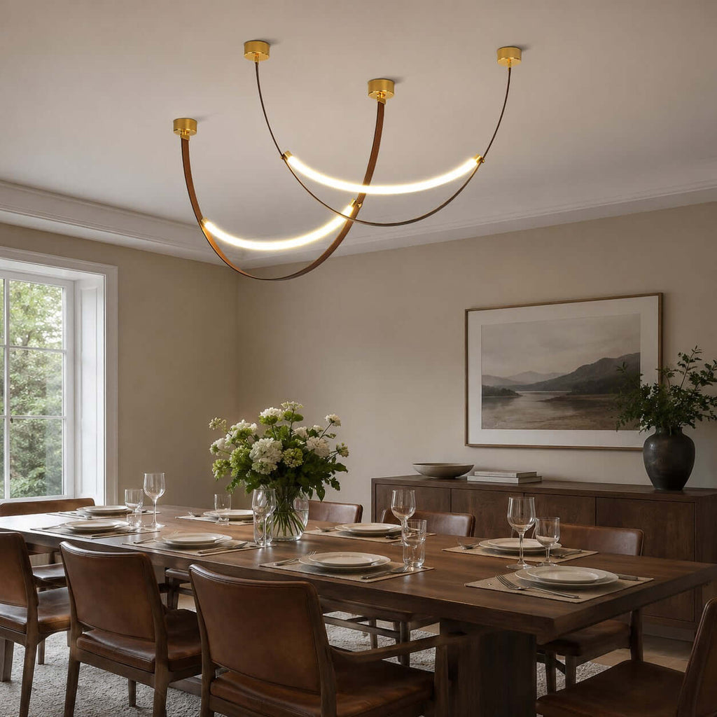 Gold-capped Clérachic loop pendants, a three-piece set, crossing above a laid dining table with a flower arrangement.