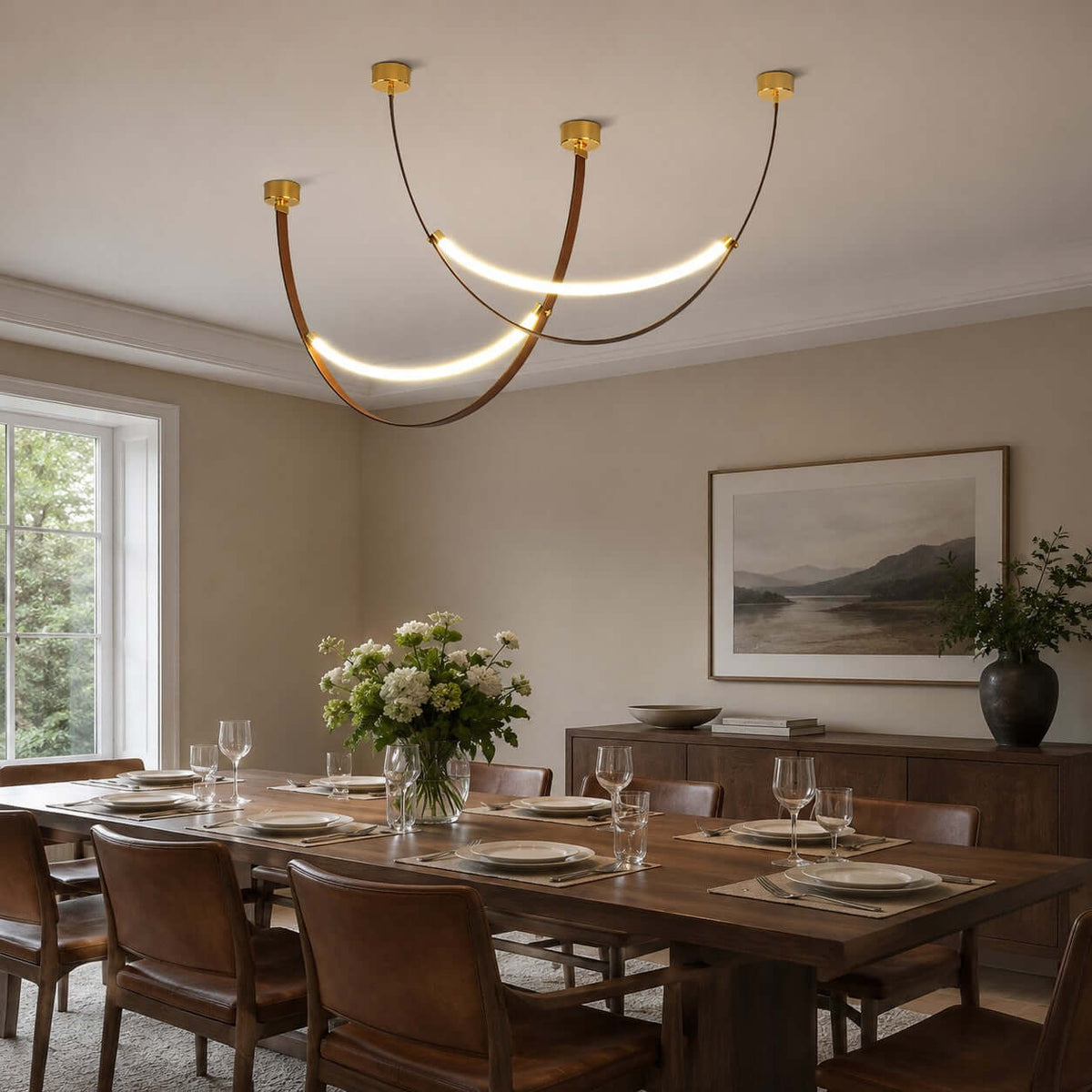 Gold-capped Clérachic loop pendants, a three-piece set, crossing above a laid dining table with a flower arrangement.