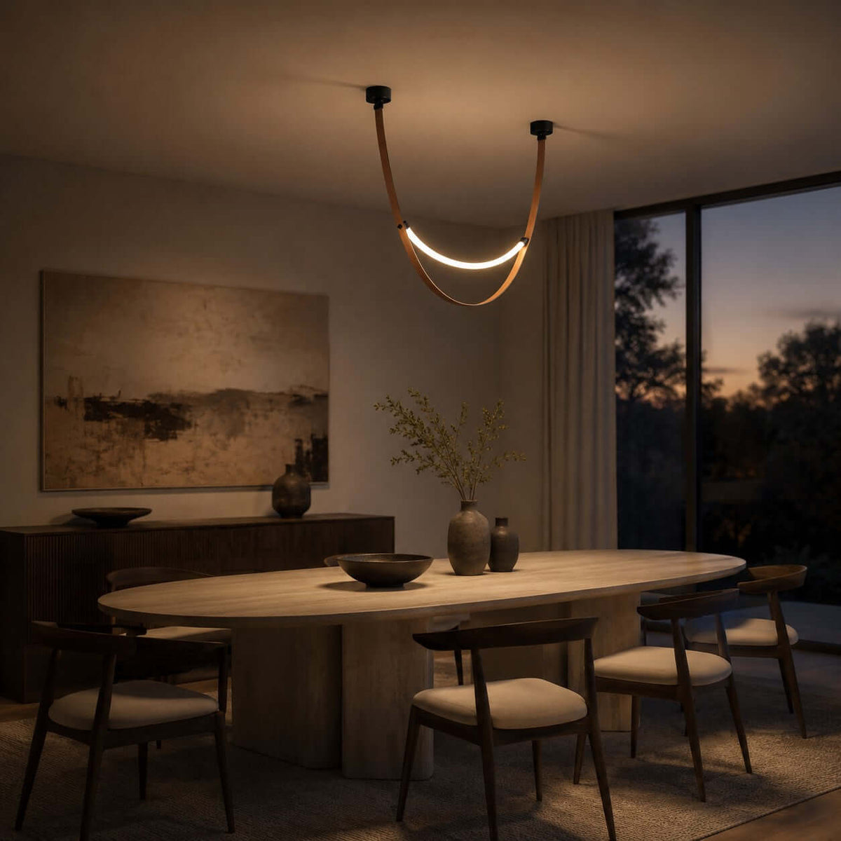 A single lit Clérachic loop pendant over an oval stone dining table in a dusk-lit room with a large painting behind.