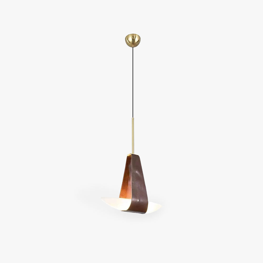 Studio view of the Clérachic Leather Pendant Light: gold canopy, brown leather loop, white boat-shaped diffuser.