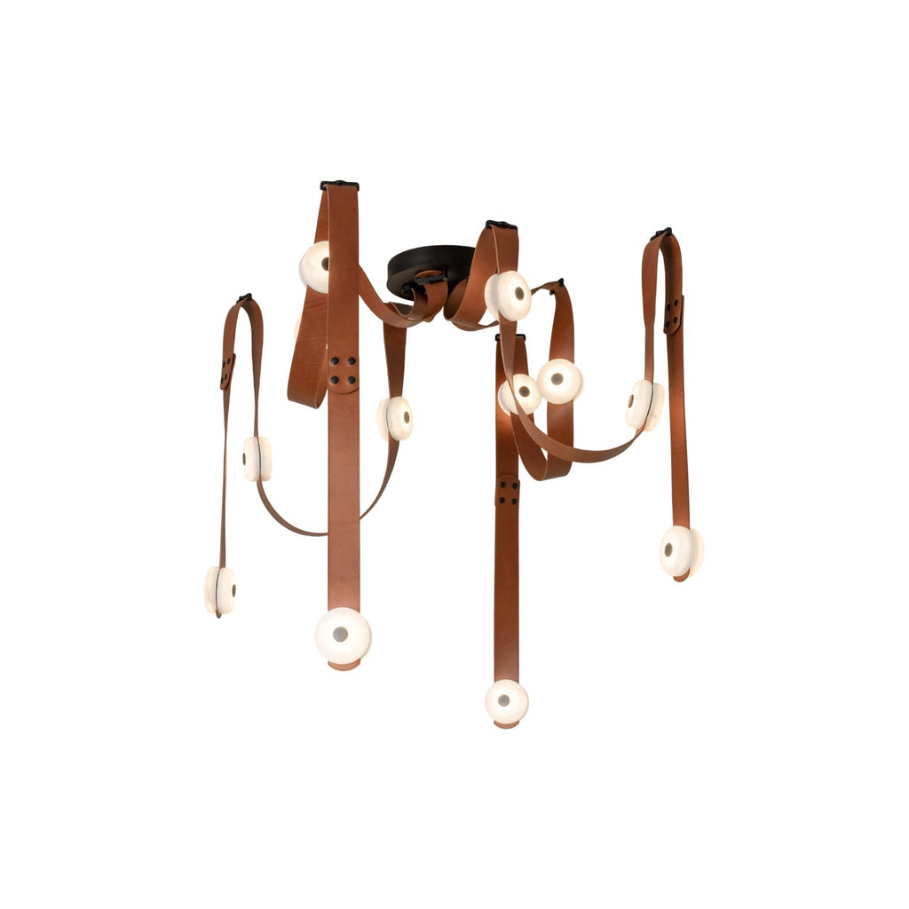 Clérachic Leather Strap Chandelier on a plain white background, cognac straps hanging long with unlit alabaster discs.