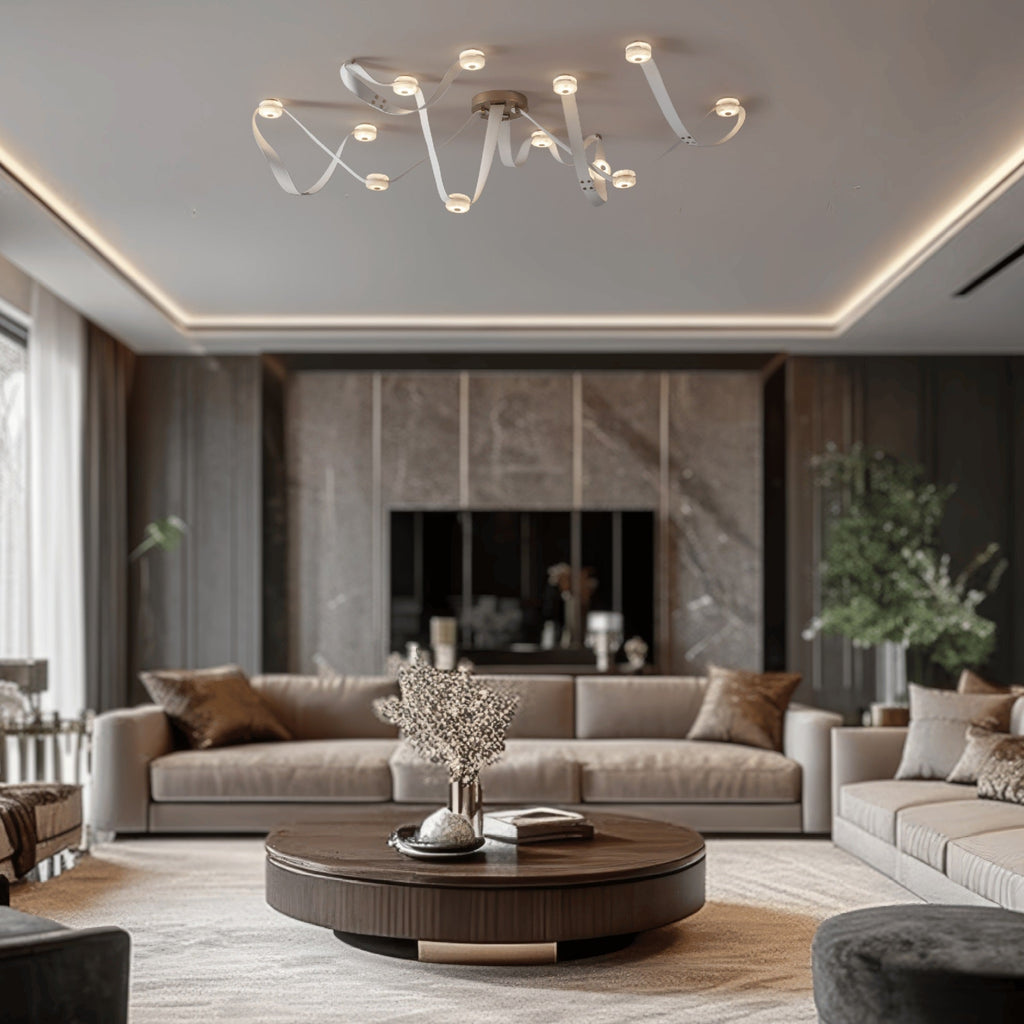 The Clérachic Leather Strap Chandelier in white leather lighting a large living room above a round walnut coffee table.
