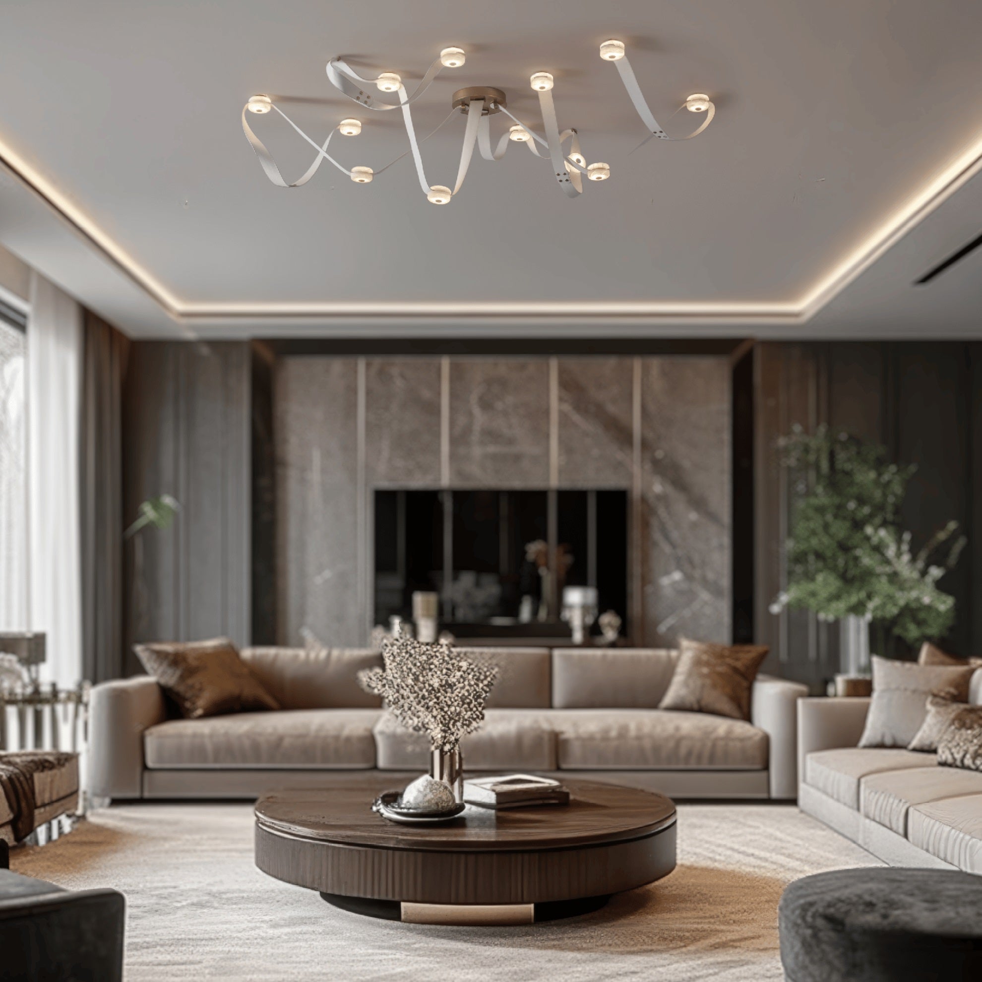 The Clérachic Leather Strap Chandelier in white leather lighting a large living room above a round walnut coffee table.