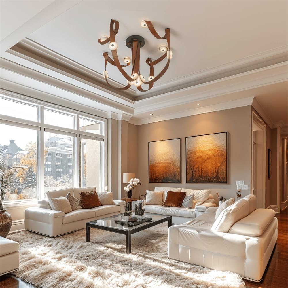 Cognac leather Clérachic Leather Strap Chandelier mounted on a tray ceiling above white sofas in a bright living room.