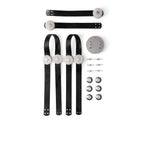 Flat lay of the Clérachic Leather Strap Chandelier parts, black straps, alabaster discs and a nickel canopy with fixings.
