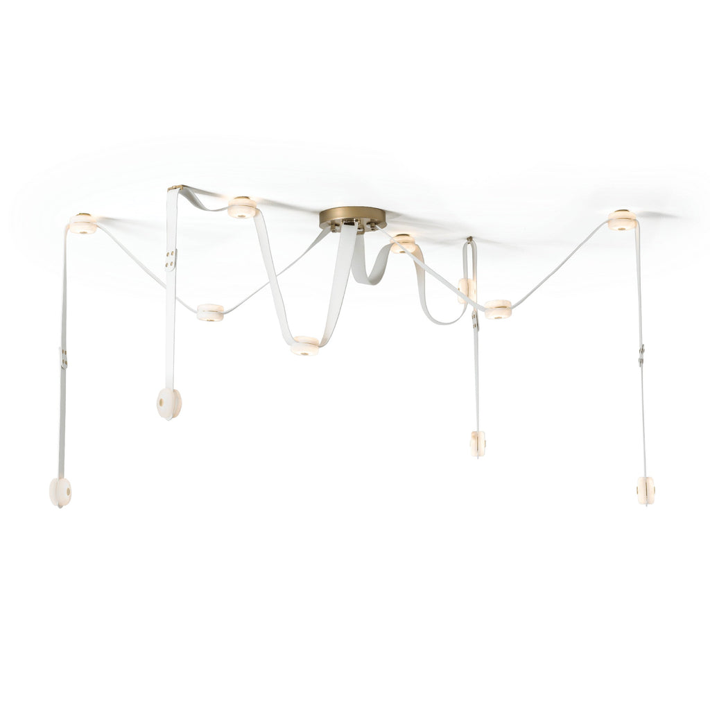 Clérachic Leather Strap Chandelier cut out on white, white straps and a brass canopy with alabaster disc heads.