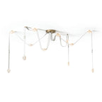 Clérachic Leather Strap Chandelier cut out on white, white straps and a brass canopy with alabaster disc heads.