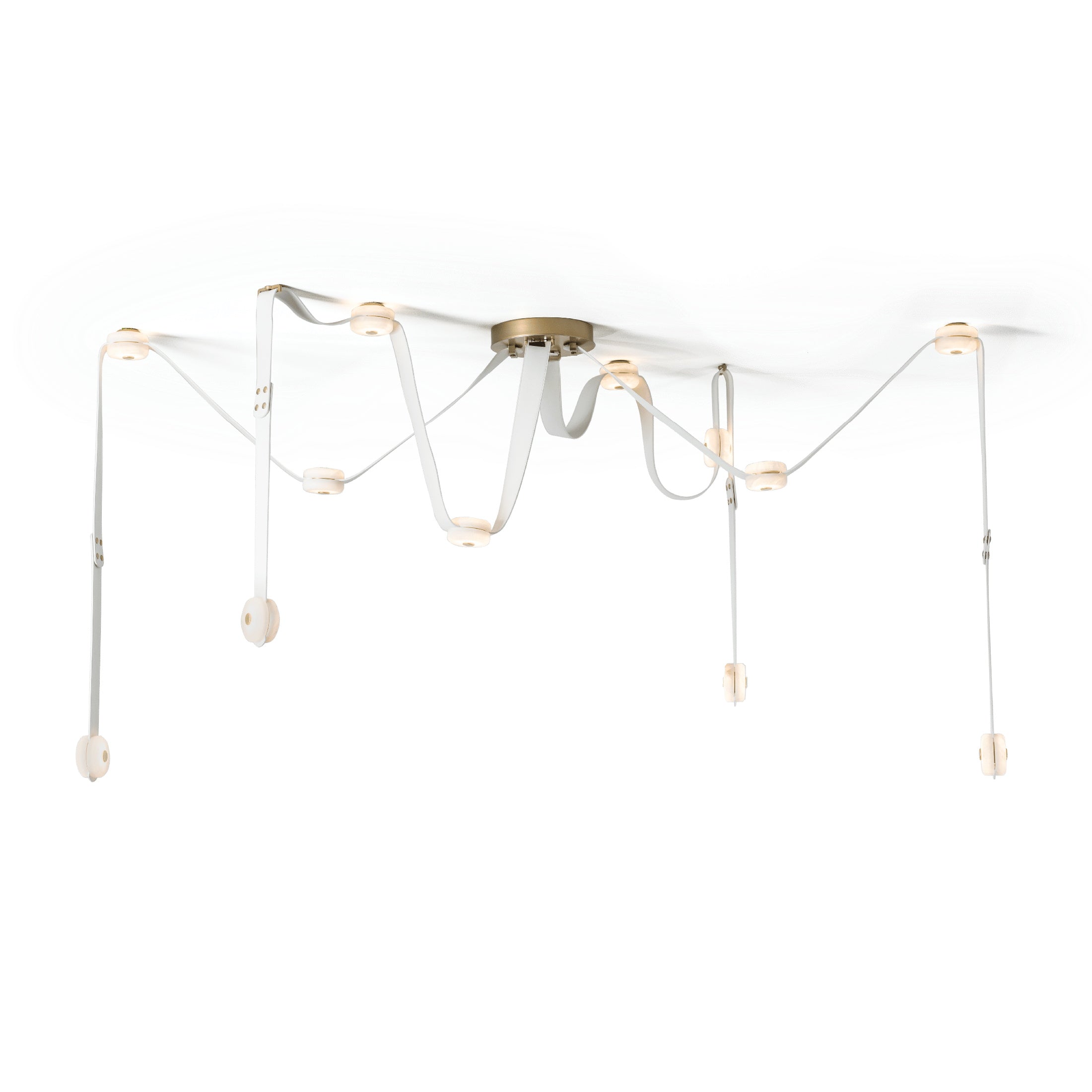 Clérachic Leather Strap Chandelier cut out on white, white straps and a brass canopy with alabaster disc heads.