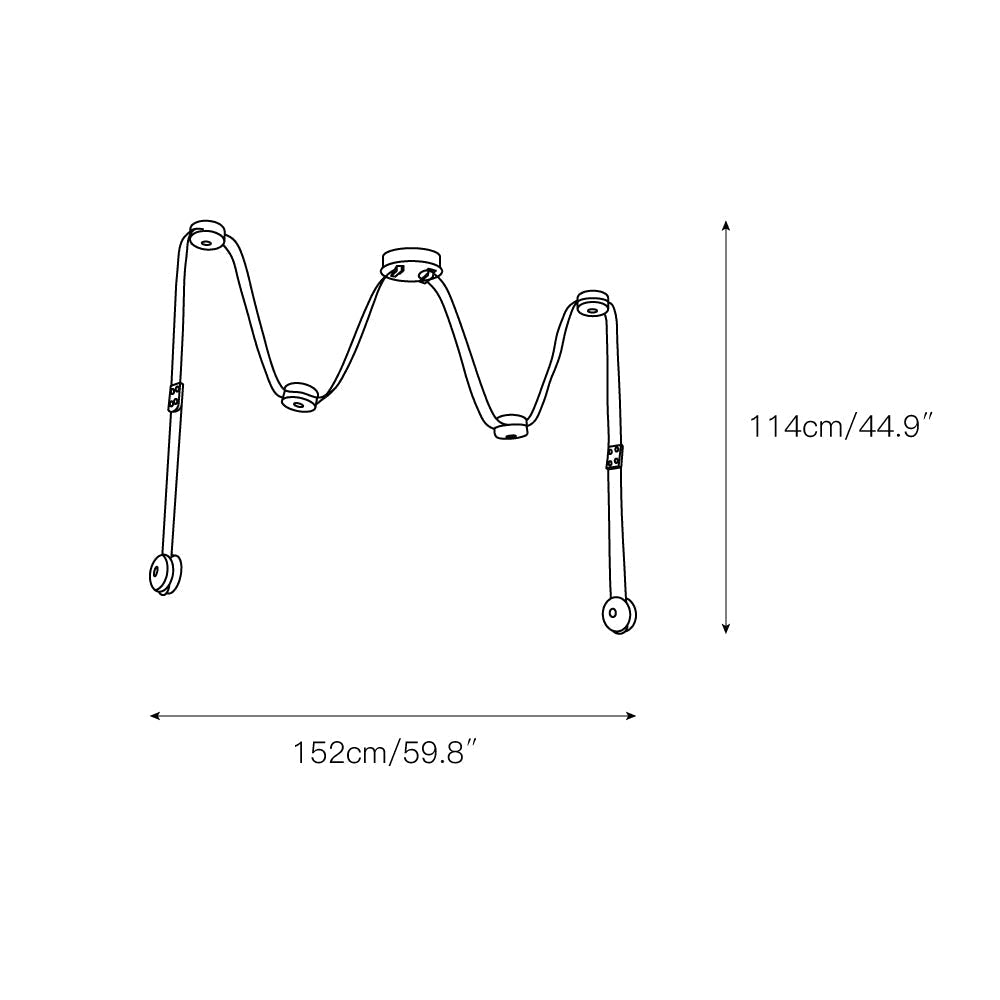 Dimension drawing for the 6-head Clérachic Leather Strap Chandelier, 152cm/59.8″ wide and 114cm/44.9″ high.