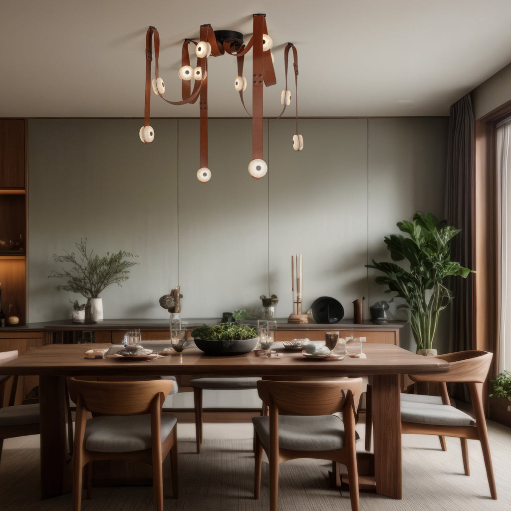 Cognac Clérachic Leather Strap Chandelier hanging over a walnut dining table in a room with sage green panelling.