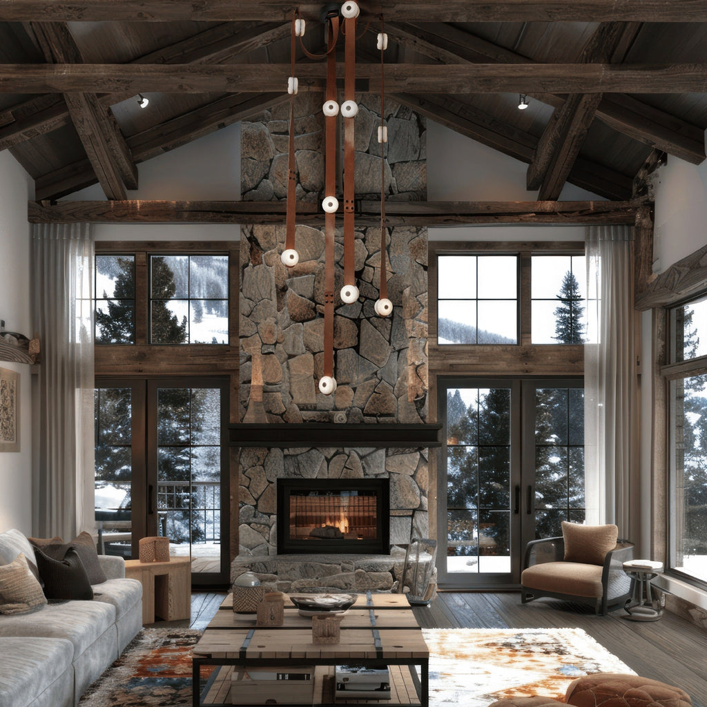 The Clérachic Leather Strap Chandelier dropping through a double-height beamed room above a stone fireplace.