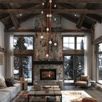 The Clérachic Leather Strap Chandelier dropping through a double-height beamed room above a stone fireplace.
