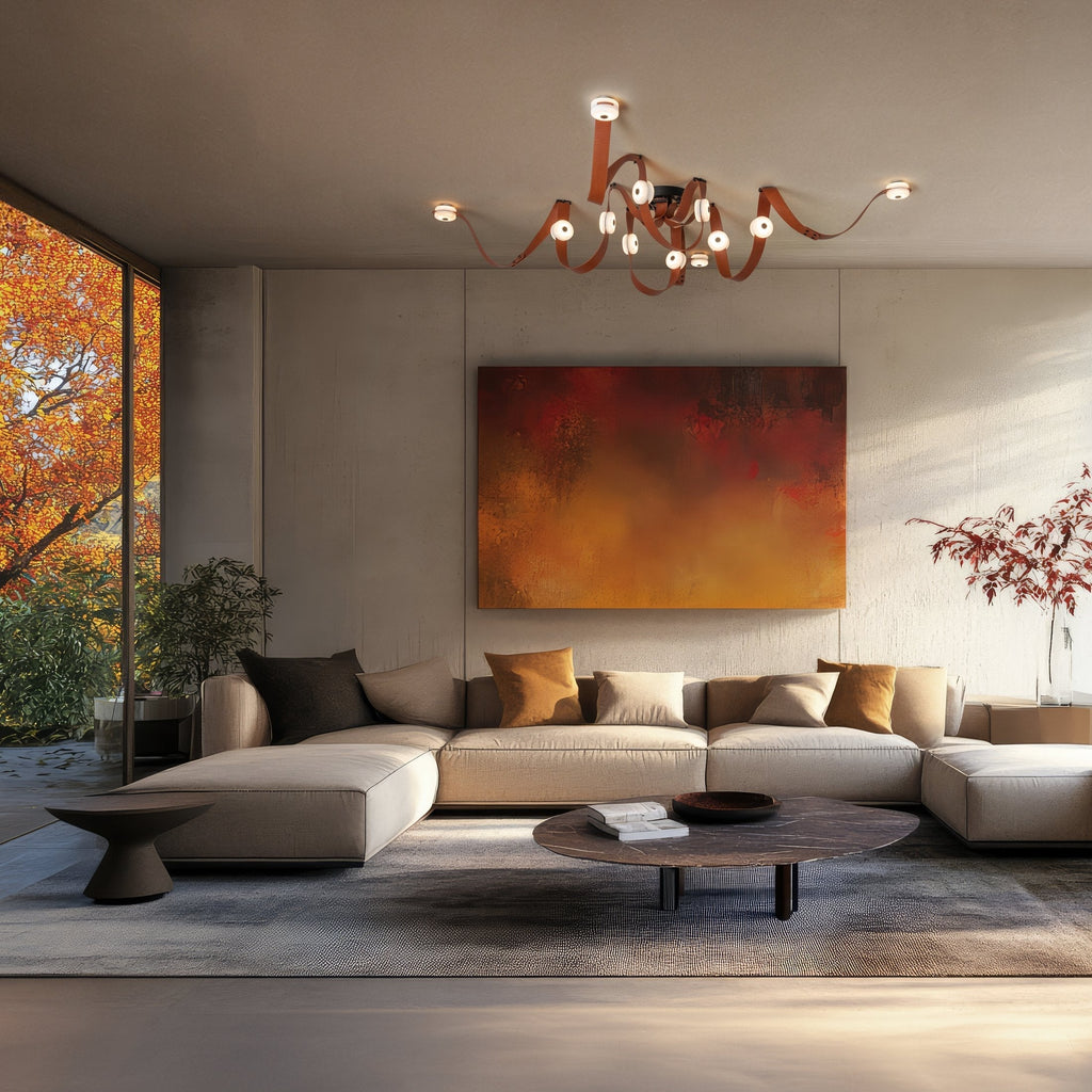 Clérachic Leather Strap Chandelier in cognac leather lighting a sofa and abstract canvas in an autumn-lit living room.