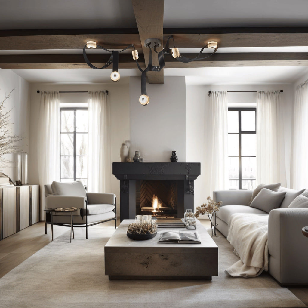 Black leather Clérachic Leather Strap Chandelier under oak ceiling beams in a pale living room with a dark fireplace.